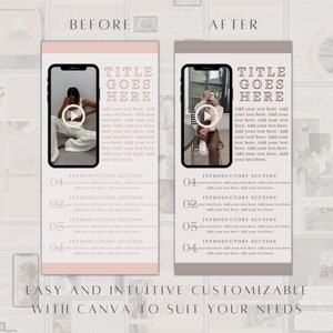 May include: A before and after image showing how to use Canva to create a social media post. The image on the left shows a pink background with a phone screen displaying a video with a play button. The text on the right side of the image reads "TITLE GOES HERE" and includes a section for introductory text. The image on the right shows a brown background with a phone screen displaying a video with a play button. The text on the right side of the image reads "TITLE GOES HERE" and includes a section for introductory text. The text at the bottom of the image reads "EASY AND INTUITIVE CUSTOMIZABLE WITH CANVA TO SUIT YOUR NEEDS".