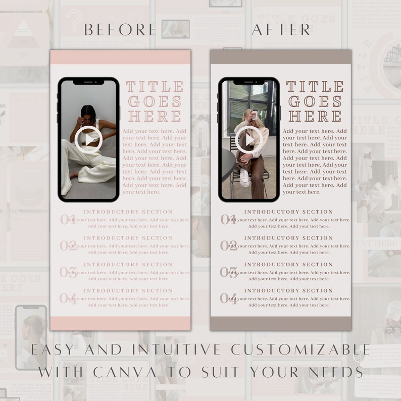 May include: A before and after image showing how to use Canva to create a social media post. The image on the left shows a pink background with a phone screen displaying a video with a play button. The text on the right side of the image reads "TITLE GOES HERE" and includes a section for introductory text. The image on the right shows a brown background with a phone screen displaying a video with a play button. The text on the right side of the image reads "TITLE GOES HERE" and includes a section for introductory text. The text at the bottom of the image reads "EASY AND INTUITIVE CUSTOMIZABLE WITH CANVA TO SUIT YOUR NEEDS".
