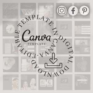 May include: A digital Canva template with a beauty theme, featuring a circular design with the text "EDITABLE TEMPLATE IN DIGITAL CANVA DOWNLOAD". The design includes social media icons and various beauty-related images.