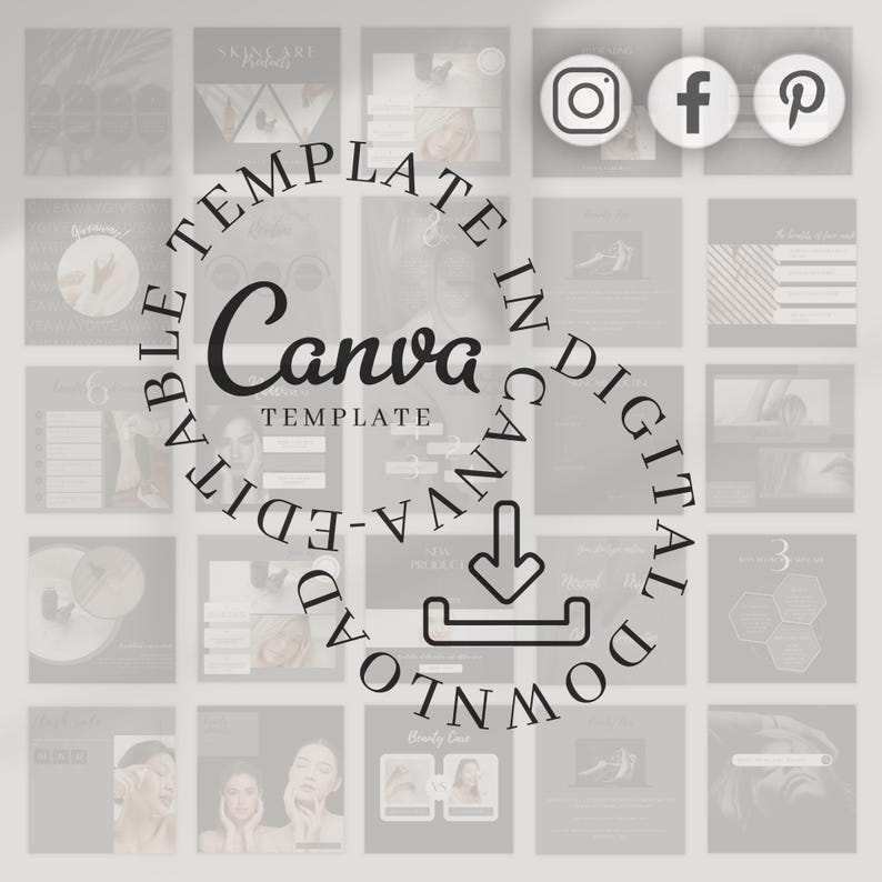 May include: A digital Canva template with a beauty theme, featuring a circular design with the text "EDITABLE TEMPLATE IN DIGITAL CANVA DOWNLOAD". The design includes social media icons and various beauty-related images.