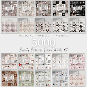 Könnte beinhalten: Eine Sammlung von Social-Media-Vorlagen und Highlight-Covern für Beauty-Unternehmen. Das Bild zeigt verschiedene quadratische Layouts mit Textüberlagerungen, darunter "Skincare Templates" und "Instagram Story Highlight Covers". Der Text "5000 Beauty Business Social Media Kit" ist ebenfalls sichtbar.