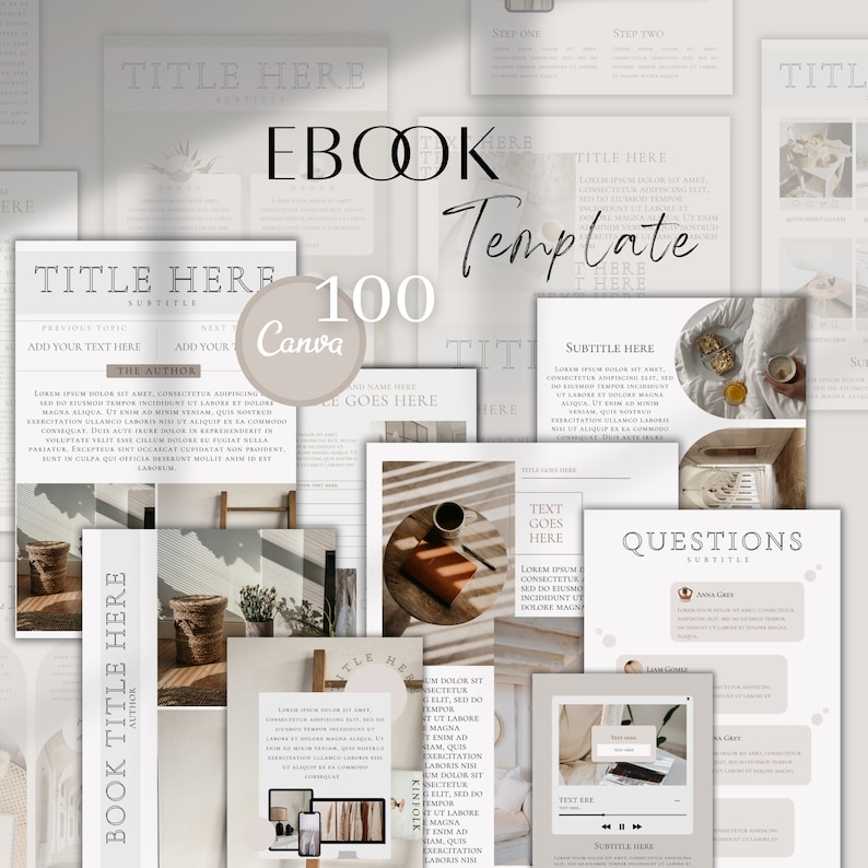 Pu&ograve; includere: Un modello di ebook digitale con 100 pagine per Canva. Il modello presenta un design minimalista con una tavolozza di colori neutri beige, bianco e marrone. Il testo sulle pagine &egrave; in un carattere semplice e moderno. Il modello include pagine per una pagina del titolo, un indice, un'introduzione, capitoli e una conclusione. Il modello include anche pagine per domande e risposte, e una call to action.