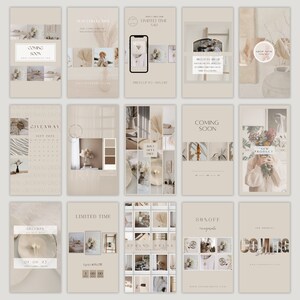 May include: A collection of fifteen beige-toned social media templates featuring various layouts, text overlays like Coming Soon, Giveaway, and Limited Time, and imagery of dried floral arrangements, interior decor, and lifestyle photography.