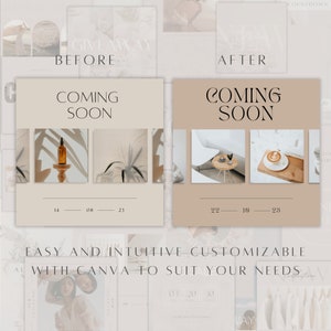 May include: A digital social media template set featuring beige and tan square layouts with the text COMING SOON, dates 14-08-23 and 22-10-23, and placeholders for images including a bottle on a pedestal, a plant, a small table, and a coffee cup.