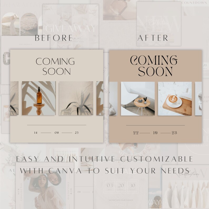 May include: A digital social media template set featuring beige and tan square layouts with the text COMING SOON, dates 14-08-23 and 22-10-23, and placeholders for images including a bottle on a pedestal, a plant, a small table, and a coffee cup.