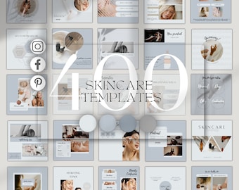 May include: A collage of 400 skincare templates for social media. The templates feature a variety of designs, including images of products, text, and graphics. The templates are designed to help businesses promote their skincare products and services.