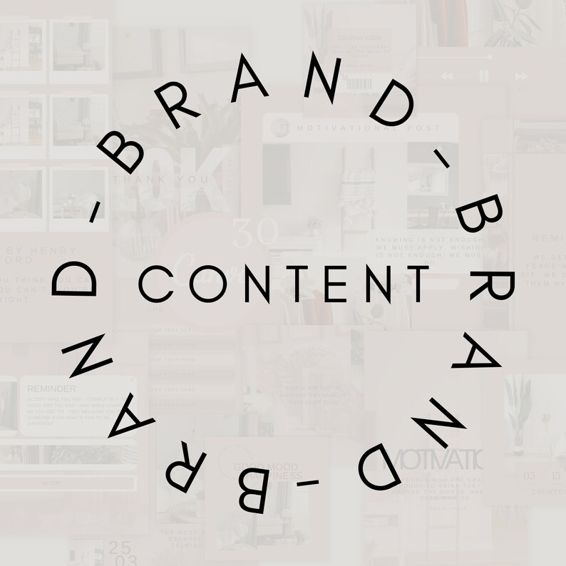 May include: A black and white graphic design with the text "BRAND - CONTENT - BRAND" in a circle.