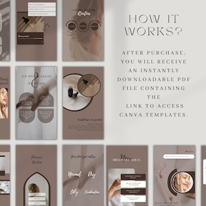May include: A digital product display with a brown and white color scheme. The design includes text and graphics related to skincare routines, including the words "Morning Skincare Routine" and "Brightening Serum."