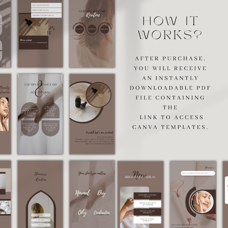 May include: A digital product display with a brown and white color scheme. The design includes text and graphics related to skincare routines, including the words "Morning Skincare Routine" and "Brightening Serum."
