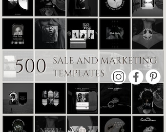 May include: A collage of 16 black and white images featuring various sale and marketing templates. The images include text such as "Black Friday 25%", "Cyber Monday Sales", and "New Collection". The collage also includes images of a woman, a cityscape, and abstract shapes.