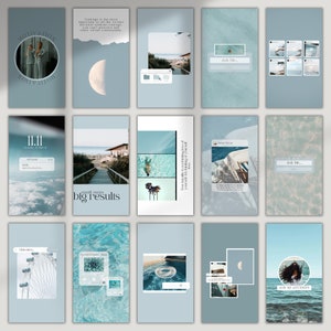 May include: A collection of 12 Instagram story templates featuring a blue and white colour scheme with motivational quotes and images of the ocean, a moon, and a Ferris wheel.