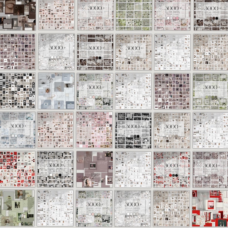 K&ouml;nnte beinhalten: Eine Anordnung von Social-Media-Vorlagen, jede mit einer Collage von Bildern und einem zentralen Text, der "3000+ SOCIAL MEDIA TEMPLATES" anzeigt. Die Vorlagen zeigen verschiedene &auml;sthetische Stile, von minimalistisch bis floral und fotografisch, f&uuml;r verschiedene Inhalte.