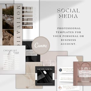 K&ouml;nnte beinhalten: Eine Sammlung von Social-Media-Vorlagen in neutralen Farbt&ouml;nen, darunter Checklisten, Zitate und Motivationsbeitr&auml;ge. Das Canva-Logo ist sichtbar. Text enth&auml;lt "Social Media", "Professionelle Vorlagen" und "Motivation".