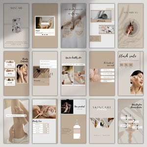 May include: A collection of nine Instagram story templates for a skincare brand. The templates feature a neutral beige color scheme with images of skincare products, hands, and faces. The text on the templates includes "Skincare", "Beauty Conference", "Top Tips for Smooth Healthy Skin", "New Arrivals", "Tips for Healthy Skin", "Flash Sale", "The Benefits of Face Masks", "New Product", and "Your Daytime Skincare Routine".