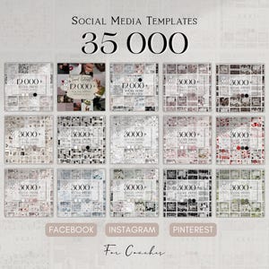 May include: A collection of social media templates for coaches, featuring a grid layout with various design options. The image displays the text "Social Media Templates" and "35 000", along with icons for Facebook, Instagram, and Pinterest.
