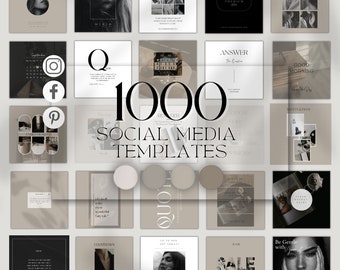 Puede incluir: Una colección de 1000 plantillas de redes sociales en una variedad de estilos, que incluyen blanco y negro, minimalista y colorido. Las plantillas presentan superposiciones de texto, imágenes y gráficos. El texto incluye frases como "Próximamente", "Buenos días", "Motivación" y "Venta".