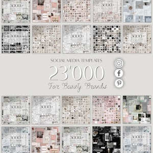 Op de afbeelding: Een verzameling sjablonen voor sociale media voor beautymerken. De afbeelding toont meerdere vierkante collages met diverse afbeeldingen en tekstoverlays. De tekst bevat "3000+ SOCIAL MEDIA TEMPLATES" en "23'000 For Beauty Brands". Social media-iconen zijn ook zichtbaar.