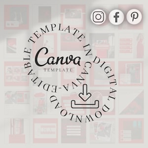 K&ouml;nnte beinhalten: Digitales Canva-Vorlagendesign mit rotem und wei&szlig;em Farbschema. Das Design enth&auml;lt den Text "Canva Template" und "Bearbeitbar im digitalen Download". Social-Media-Symbole f&uuml;r Instagram, Facebook und Pinterest sind ebenfalls sichtbar.