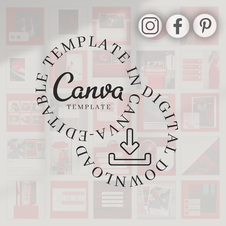 K&ouml;nnte beinhalten: Digitales Canva-Vorlagendesign mit rotem und wei&szlig;em Farbschema. Das Design enth&auml;lt den Text "Canva Template" und "Bearbeitbar im digitalen Download". Social-Media-Symbole f&uuml;r Instagram, Facebook und Pinterest sind ebenfalls sichtbar.