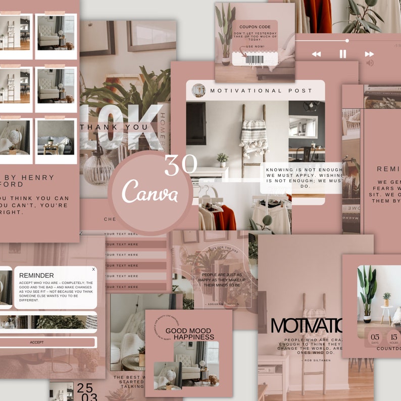May include: A collage of images with a pink and brown color scheme. The images include a reminder note, a motivational quote, a thank you message, and a good mood happiness message. The text in the images includes "Thank You", "30 Canva", "Good Mood Happiness", "Motivational Post", "Knowing is not enough", "We must apply", "Wishing is not enough", "We must do", "Reminder", "Accept who you are", "Completely", "The good and the bad", "And make changes", "As you see fit", "Not because you think", "Someone else wants you to be different", "The best way", "Started talking", "People are just as happy", "As they make up their minds to be", "Motivational", "People who are crazy enough to think they can change the world", "Are the ones who do", "05 15 Countdown".