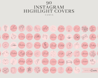 May include: A set of 90 pink and white Instagram highlight covers with various line art designs. The designs include a lightbulb, a heart, a book, a flower, a hand, a music note, a camera, a plane, a trophy, a star, a coffee cup, and more. The text "90 INSTAGRAM HIGHLIGHT COVERS CANVA" is at the top of the image. The text "MADE IN CANVA" is at the bottom right of the image.