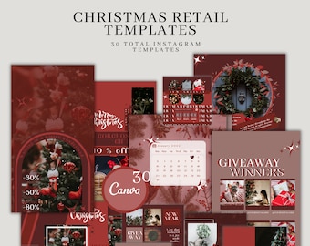 May include: A collection of 30 Instagram templates for Christmas retail businesses. The templates feature a red and white color scheme with festive imagery, including Christmas trees, wreaths, and ornaments. The text on the templates includes phrases like "Merry Christmas", "Giveaway Winners", and "Shop Now".