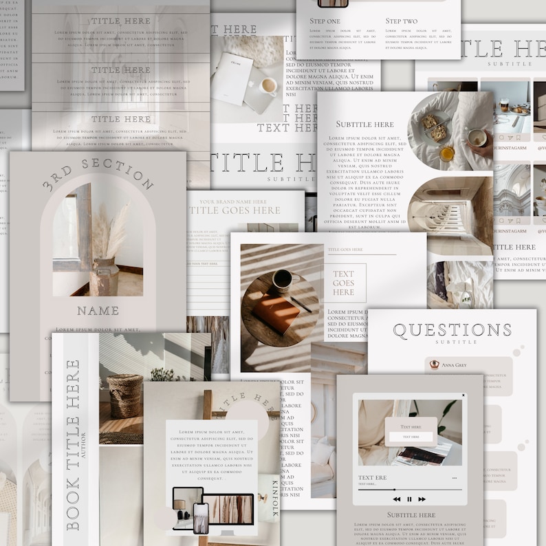 Pu&ograve; includere: Una raccolta di modelli digitali per creare un libro o un quaderno di lavoro. I modelli presentano una tavolozza di colori neutri con beige, marrone e bianco. I modelli includono caselle di testo per titoli, sottotitoli e contenuti. I modelli includono anche immagini di una tazza di caff&egrave;, un libro e una pianta.