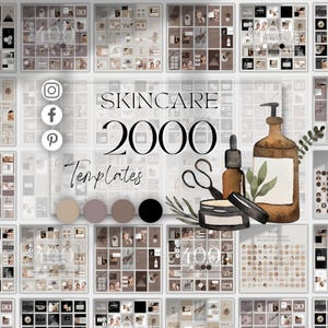 Peut inclure: Présentation de modèles de soins de la peau pour Instagram, avec le texte « SKINCARE 2000 Templates ». L'image comprend des icônes Instagram, Facebook et Pinterest. La palette de couleurs comprend des tons neutres et un accent noir, avec des illustrations connexes.