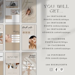 May include: A digital marketing graphic for a beauty brand. The graphic features a collage of images with text overlays. The text includes "New Arrivals", "Flash Sale", "The benefits of face mask", "Skincare Products", "Your Daytime Skincare Routine", and "You Will Get..." The graphic also includes a list of social media post and story sizes for Instagram, Facebook, Pinterest, and highlights.