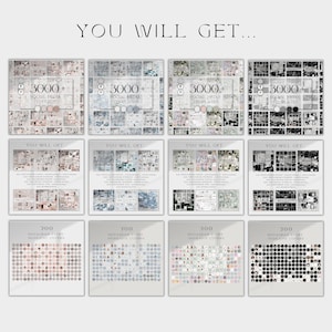 K&ouml;nnte beinhalten: Eine Sammlung digitaler Social-Media-Vorlagen und Highlight-Cover. Das Bild zeigt mehrere quadratische Grafiken mit dem Text "3000+ SOCIAL MEDIA TEMPLATES" und "200 INSTAGRAM STORY HIGHLIGHT COVERS". Das Farbschema ist neutral mit einer Vielzahl von Designs.