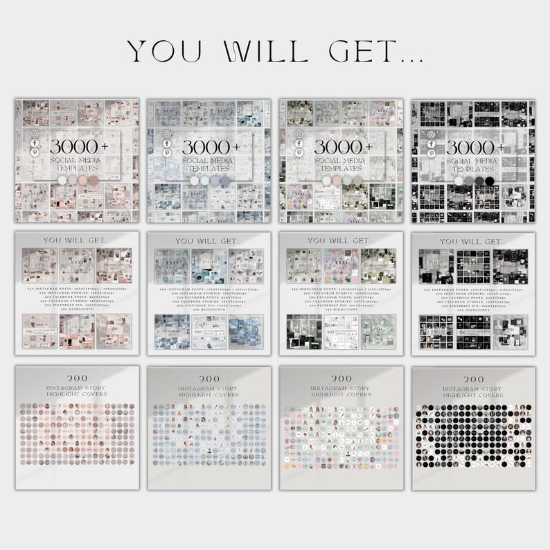 K&ouml;nnte beinhalten: Eine Sammlung digitaler Social-Media-Vorlagen und Highlight-Cover. Das Bild zeigt mehrere quadratische Grafiken mit dem Text "3000+ SOCIAL MEDIA TEMPLATES" und "200 INSTAGRAM STORY HIGHLIGHT COVERS". Das Farbschema ist neutral mit einer Vielzahl von Designs.