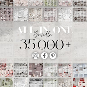 Può includere: Immagine promozionale di un pacchetto di modelli digitali. Il testo principale recita "ALL IN ONE Bundle 35,000+" con icone di social media. Lo sfondo mostra varie immagini quadrate, ciascuna con il numero "3000+".