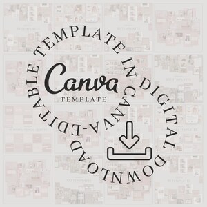 K&ouml;nnte beinhalten: Ein schwarz-wei&szlig;es Grafikdesign mit dem Text "Canva Template" in einem Kreis. Der Text "Download Digital Canva Editable Templates" ist um den Kreis herum geschrieben.