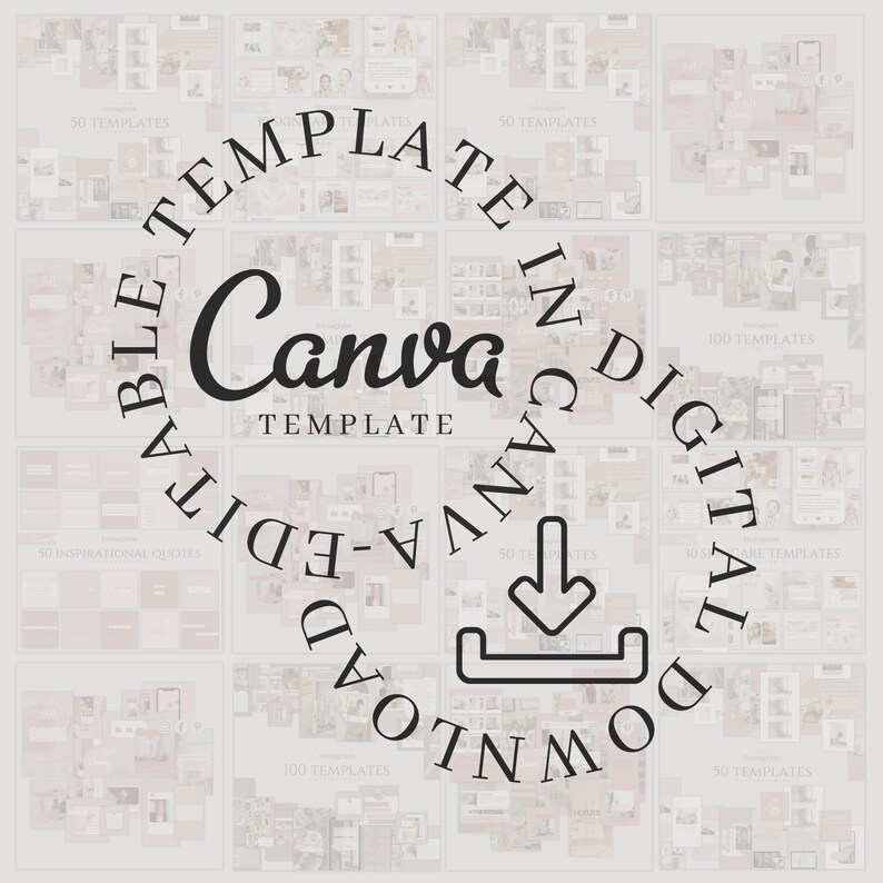 K&ouml;nnte beinhalten: Ein schwarz-wei&szlig;es Grafikdesign mit dem Text "Canva Template" in einem Kreis. Der Text "Download Digital Canva Editable Templates" ist um den Kreis herum geschrieben.