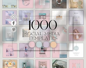Puede incluir: Un collage de 25 plantillas de redes sociales en colores pastel con varios diseños y textos. El texto incluye "1000 Plantillas de redes sociales", "Próximamente", "Mood Board", "Cyber Monday", "Gran venta", "Recordatorio", "Haz una cosa cada día que te asuste", y "Venta".