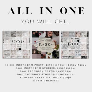K&ouml;nnte beinhalten: Ein Bild mit dem Text "ALL IN ONE" und "YOU WILL GET..." &uuml;ber drei quadratischen Bildern. Jedes Bild hat den Text "12.000+ SOCIAL MEDIA TEMPLATES". Unten sind Details f&uuml;r Instagram, Facebook, Pinterest und Highlights.