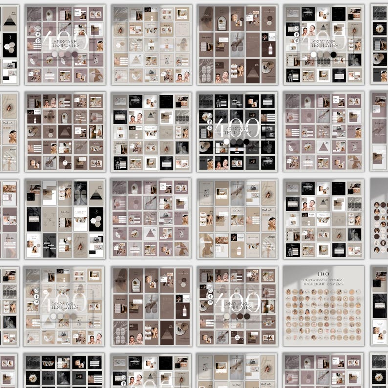 May include: A collection of Instagram story highlight covers and skincare templates. The templates feature a neutral color palette with images of skincare products and faces. The text "SKINCARE TEMPLATES" and "100" are visible on some templates.