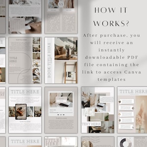 Pu&ograve; includere: Un mockup di prodotto digitale che presenta un set di modelli Canva per i social media. I modelli sono progettati in uno stile minimalista con una tavolozza di colori neutri beige, marrone e bianco. Il testo "Come funziona?" &egrave; visualizzato in un grande font nella parte superiore dell'immagine. Il testo "Dopo l'acquisto, riceverai un file PDF scaricabile istantaneamente che contiene il link per accedere ai modelli Canva" &egrave; visualizzato sotto il titolo.