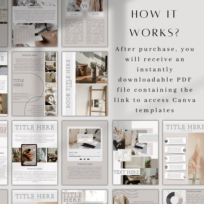Pu&ograve; includere: Un mockup di prodotto digitale che presenta un set di modelli Canva per i social media. I modelli sono progettati in uno stile minimalista con una tavolozza di colori neutri beige, marrone e bianco. Il testo "Come funziona?" &egrave; visualizzato in un grande font nella parte superiore dell'immagine. Il testo "Dopo l'acquisto, riceverai un file PDF scaricabile istantaneamente che contiene il link per accedere ai modelli Canva" &egrave; visualizzato sotto il titolo.