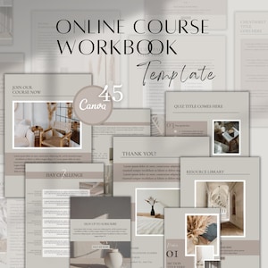 Op de afbeelding: Een beige en bruine online cursus werkboek sjabloon met de tekst "Online Course Workbook Template" in een groot lettertype. De sjabloon bevat secties voor een dagelijkse uitdaging, een quiz, een bronnenbibliotheek en een aanmeldformulier om te abonneren. De sjabloon is ontworpen voor gebruik met Canva.