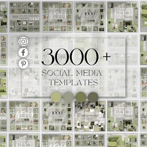 Może przedstawiać: Prezentacja szablonów mediów społecznościowych w odcieniach zieleni i bieli. Centralny tekst brzmi "3000+ SOCIAL MEDIA TEMPLATES". Widoczne są ikony Instagrama, Facebooka i Pinteresta. Wyświetlane są różne liczby szablonów, takie jak "500" i "1000".