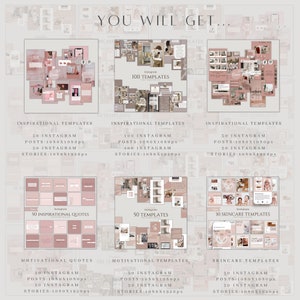K&ouml;nnte beinhalten: Eine Collage aus rosa und wei&szlig;en Instagram-Vorlagen f&uuml;r Beitr&auml;ge und Stories. Die Vorlagen zeigen motivierende Zitate, inspirierende Zitate und Hautpflegetipps. Der Text "You Will Get..." befindet sich oben im Bild.