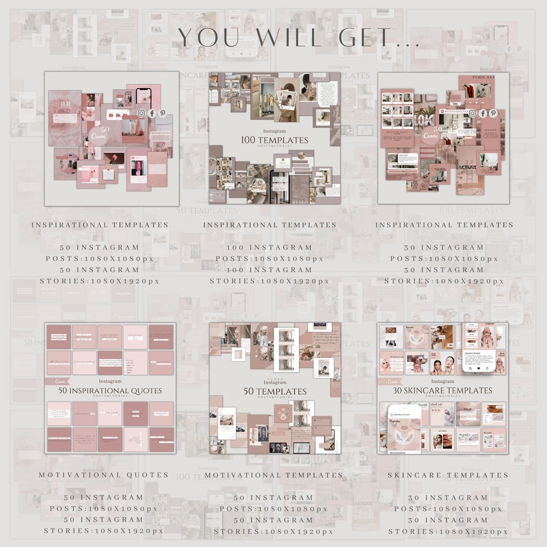 K&ouml;nnte beinhalten: Eine Collage aus rosa und wei&szlig;en Instagram-Vorlagen f&uuml;r Beitr&auml;ge und Stories. Die Vorlagen zeigen motivierende Zitate, inspirierende Zitate und Hautpflegetipps. Der Text "You Will Get..." befindet sich oben im Bild.