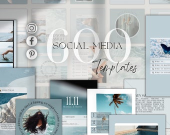 May include: A collection of 600 social media templates in a blue and white color scheme. The templates feature various designs, including text boxes, images, and icons. The text "SOCIAL MEDIA TEMPLATES" is displayed in a large font.