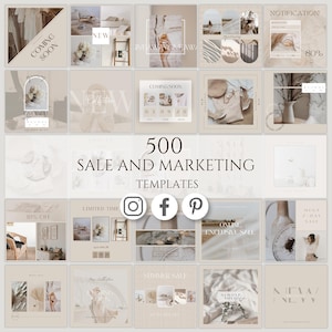 May include: A collection of 500 social media marketing templates featuring a neutral beige color palette. The grid displays various layouts with text overlays including Coming Soon, New Collection, Sale, and Giveaway, alongside icons for Instagram, Facebook, and Pinterest.