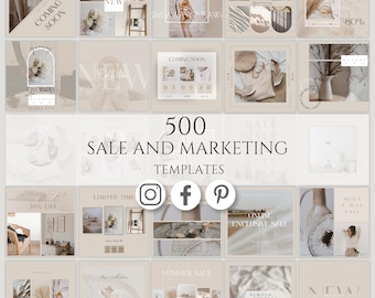 Könnte beinhalten: Eine Sammlung von 500 Social-Media-Marketing-Vorlagen in einer neutralen beigen Farbpalette. Das Raster zeigt verschiedene Layouts mit Textüberlagerungen wie Coming Soon, New Collection, Sale und Giveaway sowie Symbole für Instagram, Facebook und Pinterest.