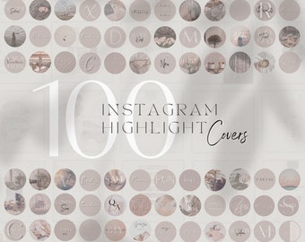 Könnte beinhalten: Eine Sammlung von 100 Instagram Highlight Covers in einer neutralen Farbpalette. Jedes Cover ist kreisförmig und zeigt minimalistische Designs und Text, darunter Wörter wie "About", "New", "Friends" und "Sale". Der Text "Instagram Highlight Covers" ist ebenfalls sichtbar.