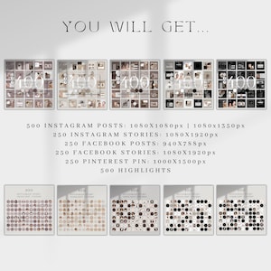 May include: A digital marketing package with the text "YOU WILL GET..." and details for Instagram, Facebook, and Pinterest. The image includes templates for posts, stories, and highlights. The color scheme is neutral with beige and gray tones.