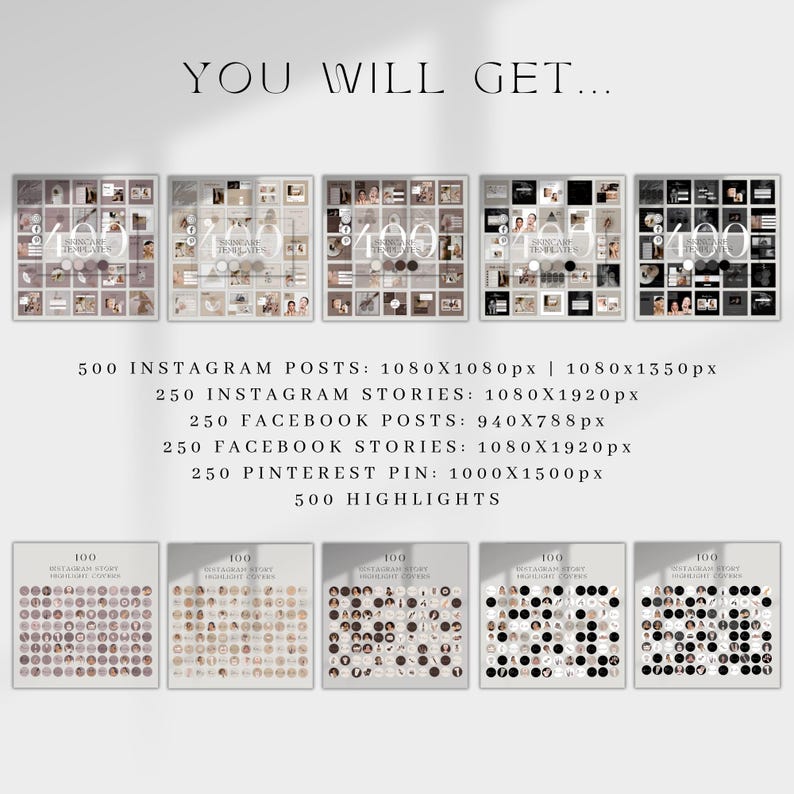 May include: A digital marketing package with the text "YOU WILL GET..." and details for Instagram, Facebook, and Pinterest. The image includes templates for posts, stories, and highlights. The color scheme is neutral with beige and gray tones.