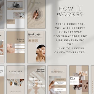 May include: A set of digital templates for social media posts about skincare products. The templates feature a neutral color palette of beige and brown with images of skincare products and text that says "Skincare Products", "New Arrivals", "Flash Sale", "The Benefits of Face Mask", "Your Daytime Skincare Routine", and "Brightening Serum".